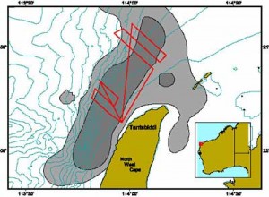 Map showing CWR survey tracks used off North West Cape to monitor the migratory movements of humpback whales. Grey shaded area represents the main migratory corridor at peak season as measured by CWR aerial surveys in 2000/2001. 