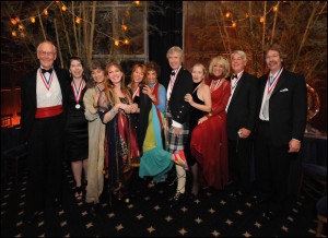 2010 Lowell Thomas Awardees with the President of the Explorers Club, Lorie Karnath. From left to right; John N. Hare, Linda T. Elkins, Laurie L. Marker, Lorie Karnath, Micheline-Nicole M. Jenner, Angela M. Fisher, Ian B. G. Mackenzie, Nancy L. Sullivan, Carole A. Beckwith, Peter C. Keller and Curt S. Jenner.  Photo Credit © Craig Chesek 2010.