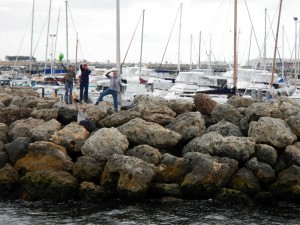 Our very merry EMDC (Embarrassing Mum Departure Committee) bidding us a fond farewell from the rocks of Fremantle Fishing Boat Harbour! Photo Credit M. Jenner