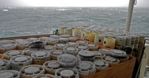 A light dusting of snow on the sonobuoys used to track whales over large distances and in fog. Photo credit M. Jenner