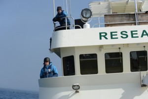 The WAVES team onboard ‘Whale Song’, Curt and Resty with whales in their sights! Photo credit M. Jenner