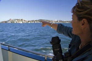 Micheline pointing out to her birth place, Double Point, Sydney, NSW. Photo credit M.Jenner