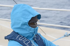 Covered up and prepared for the chill – Inday at work. Photo credit M. Jenner