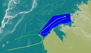 The boundaries of the proposed humpback whale Kimberley Calving grounds protected area (blue). Arrows indicate migratory paths of the whales into and out of the 24,000 square km wilderness region 