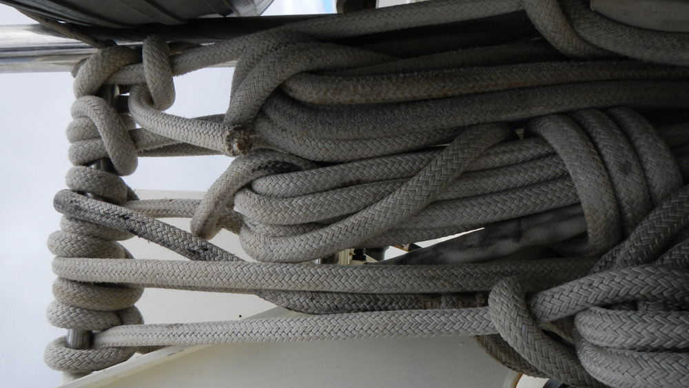 All Tied Up. Lines, lines and lines.  The only rope on a boat is the bell rope. 
