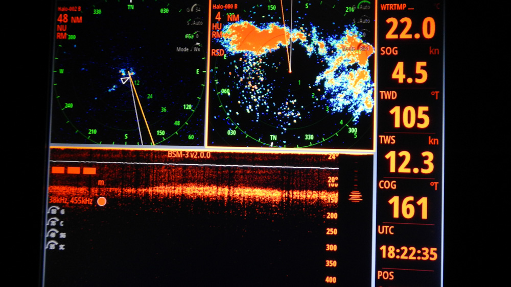 Images Galore. This radar and echo-sounder, combined screen tell more than a thousand words.  I will spare you.  The top left screen shows the triangle AIS target that is the 362 m ship I spoke with.  The screen at top right shows the rain-bearing cloud that made all the noise and the bottom image displays the things (mostly salps) that inhabit the layers around 150m. 