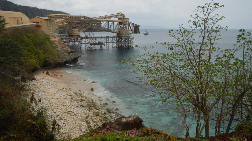 Clifftop View. Overlooking the loading jetty for the phosphate, a beautiful beach awaits below.