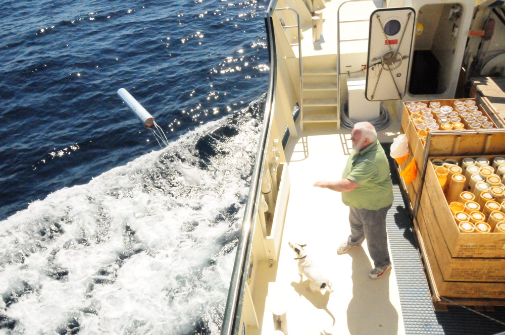 Sonobuoys provide an ear in the ocean and with cross bearings, we can fine tune the location of cetacean sounds, also known as "transients". With the help of Skipper, Daffy deployed a sonobuoy from the midship boat-deck.
